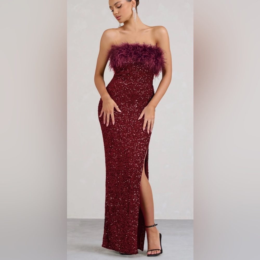 Club L London OLD MONEY BURGUNDY BODYCON SEQUIN MAXI DRESS WITH FEATHER TRIM